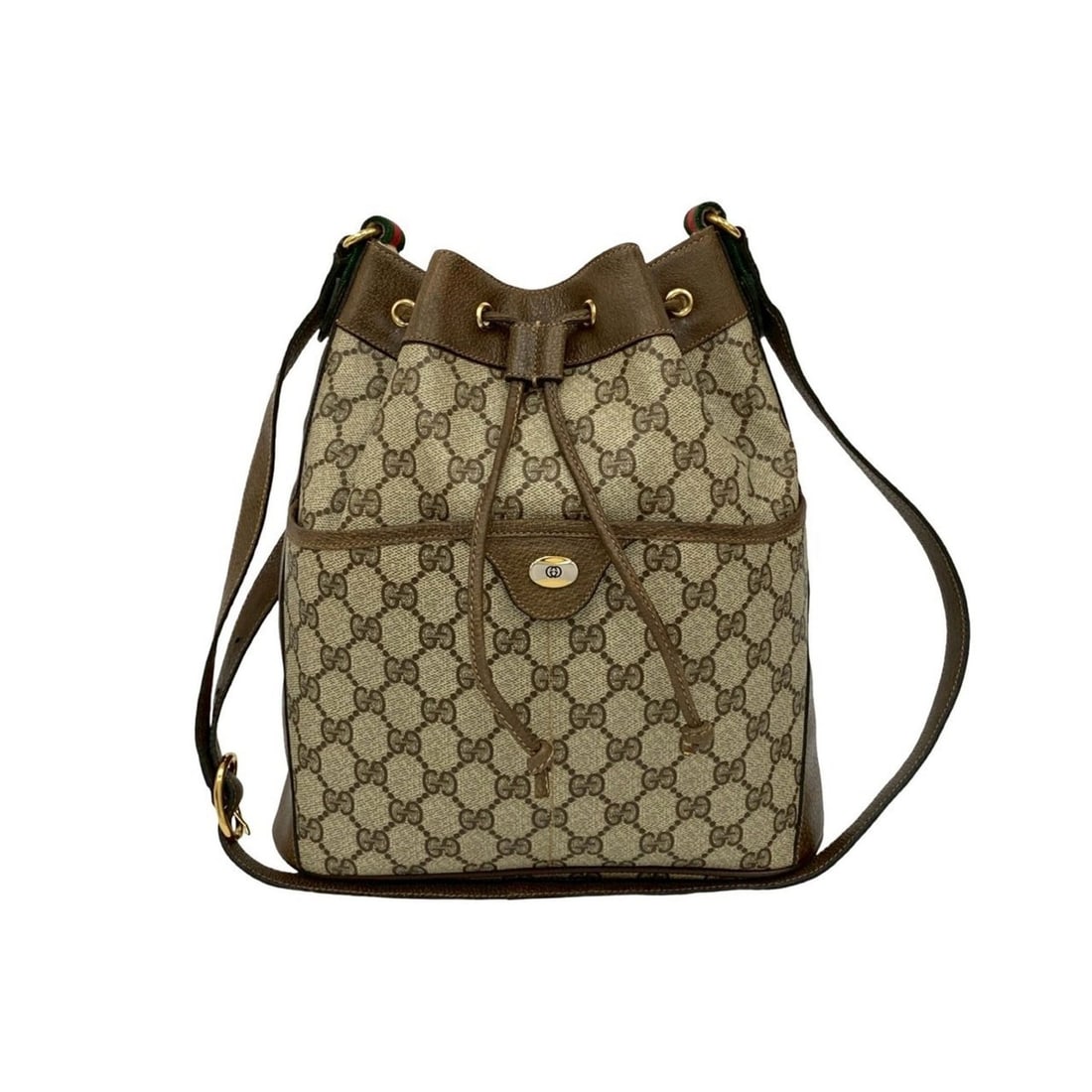 GUCCI Old Gucci GG Logo Leather Drawstring Shoulder Bag Pochette Brown 80624: --- Catalog ---Category: SizeSize (HxWxD): 28cm x 25.5cm x 9.5cm / 11.02'' x 10.03'' x 3.74''Category: DesignType: Pochette, Shoulder bagColor: BrownGender: WomenMaterial: Leather , PVC Category: Gene