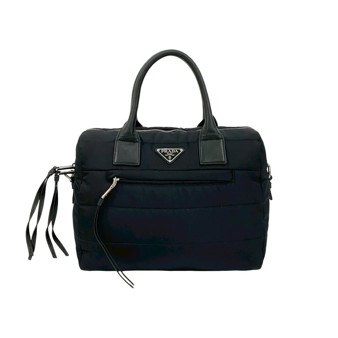 PRADA Tessuto Bomber Triangle Logo Nylon and Leather Handbag Tote Bag Black 68223: --- Catalog ---Category: SizeSize (HxWxD): 27cm x 31cm x 14cm / 10.62'' x 12.2'' x 5.51''Category: DesignType: Handbag, Tote bagColor: BlackGender: WomenMaterial: Nylon , Leather Category: GeneralBran