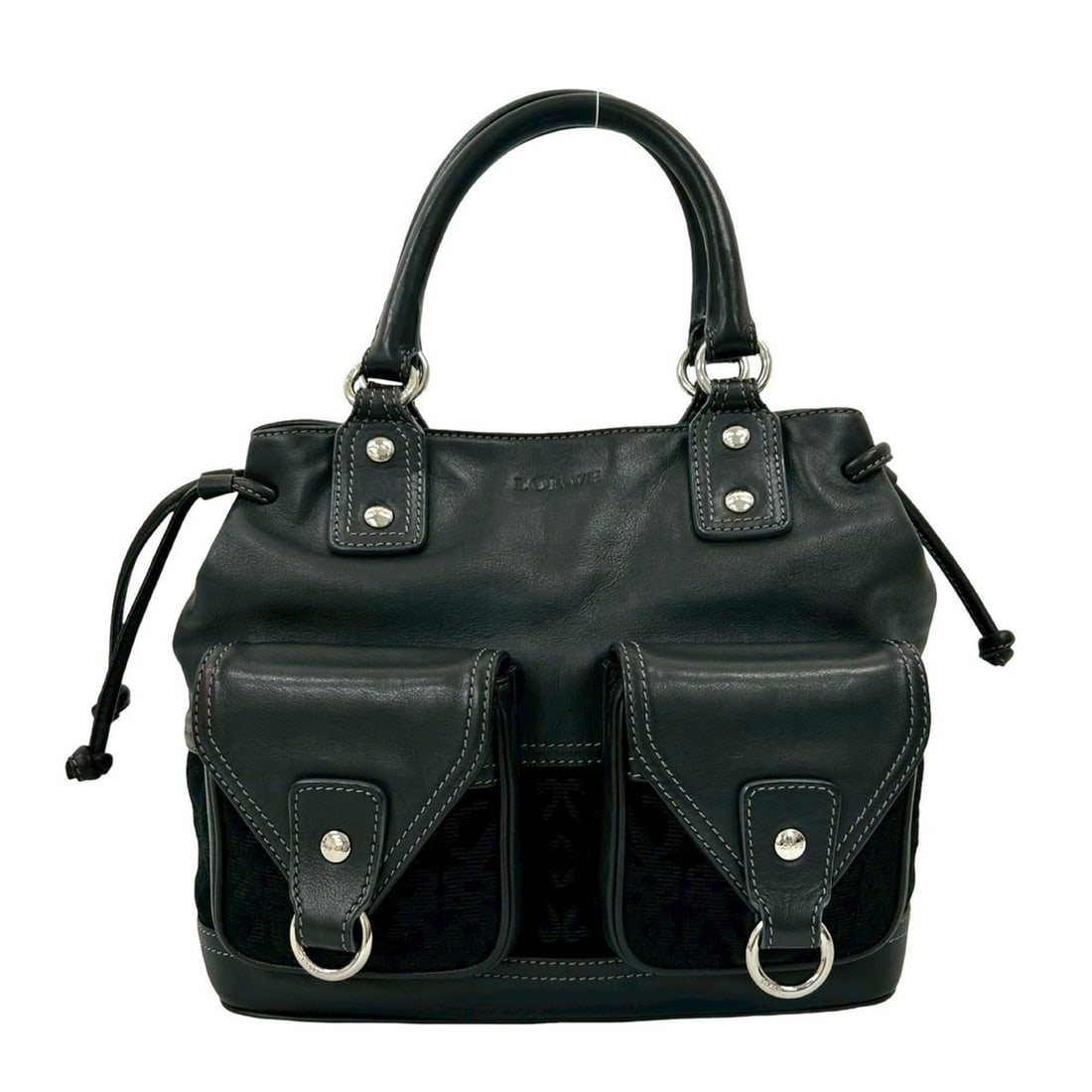 LOEWE Anagram Embossed Logo Leather Handbag, Mini Tote Bag, Boston Black, 32454: --- Catalog ---Category: SizeSize (HxWxD): 23cm x 25cm x 13cm / 9.05'' x 9.84'' x 5.11''Category: DesignType: Boston bag, Handbag, Tote bagColor: BlackGender: WomenMaterial: Leather Category: GeneralB