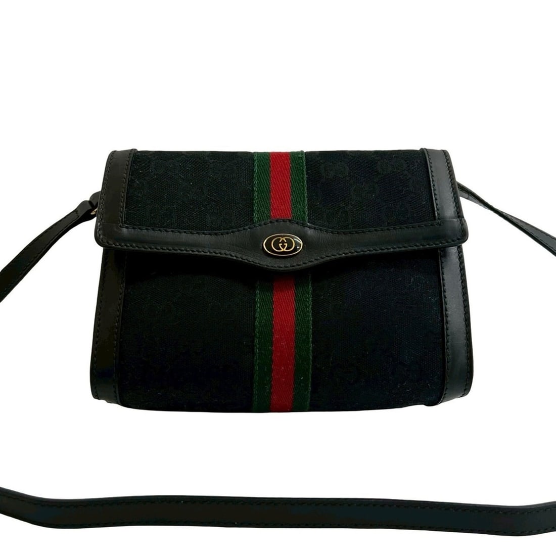 GUCCI Old Gucci Sherry Line GG Logo Canvas and Leather Shoulder Bag 78120: --- Catalog ---Category: SizeSize (HxWxD): 15cm x 20cm x 6cm / 5.9'' x 7.87'' x 2.36''Category: DesignType: Shoulder bagColor: Black, Green, Red colorGender: WomenMaterial: Canvas , Leather Category: