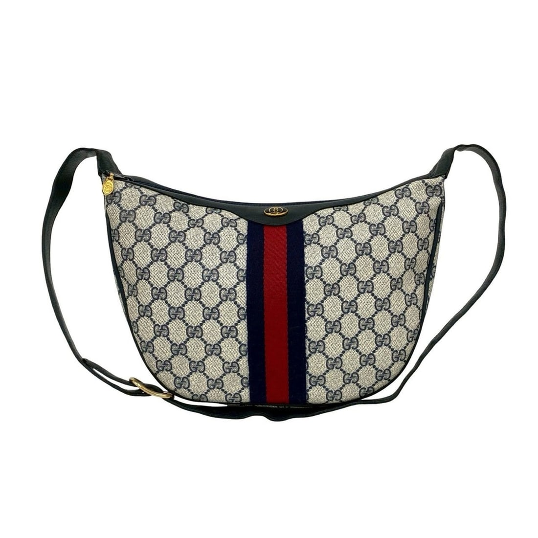 GUCCI Old Gucci Sherry Line GG Logo Leather Shoulder Bag Pochette Navy 42667: --- Catalog ---Category: SizeSize (HxWxD): 21.5cm x 31cm x 9cm / 8.46'' x 12.2'' x 3.54''Category: DesignType: Pochette, Shoulder bagColor: Navy, Red colorGender: WomenMaterial: Leather , PVC Category