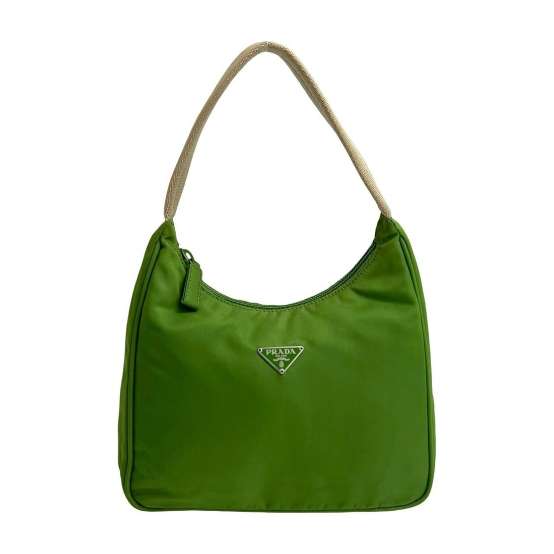 PRADA Tessuto nylon mini handbag with triangle logo plaque, light green and beige, 84293: --- Catalog ---Category: SizeSize (HxWxD): 14cm x 21cm x 7.5cm / 5.51'' x 8.26'' x 2.95''Category: DesignType: HandbagColor: Beige, GreenGender: WomenMaterial: Nylon Category: GeneralBrand: Prada--- I