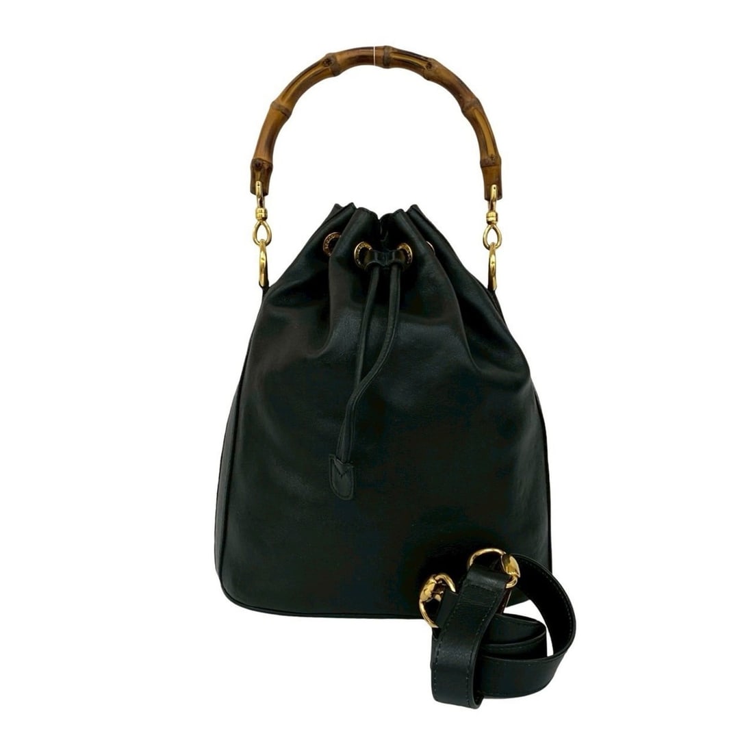 GUCCI Old Gucci Bamboo Leather 2-Way Drawstring Handbag/Shoulder Bag, Black, 22721 (1 of 13)