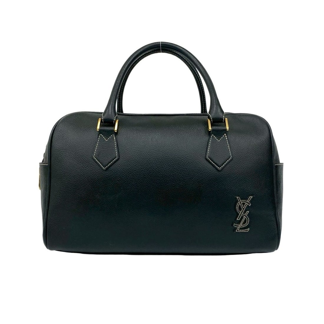 Yves Saint Laurent Cassandra YSL logo leather handbag with stitching and all-over print on the: --- Catalog ---Category: SizeSize (HxWxD): 20cm x 33cm x 14cm / 7.87'' x 12.99'' x 5.51''Category: DesignType: HandbagColor: BlackGender: WomenMaterial: Leather Category: GeneralBrand: Yves Saint Laur