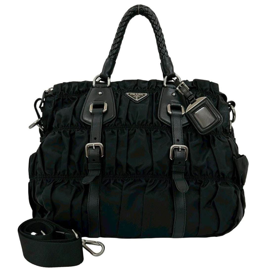 PRADA Prada Triangle Logo Plate Gathered Nylon Leather 2-Way Handbag/Shoulder Bag Black 32253: --- Catalog ---Category: SizeSize (HxWxD): 31cm x 34cm x 16cm / 12.2'' x 13.38'' x 6.29''Category: DesignType: Handbag, Shoulder bagColor: BlackGender: WomenMaterial: Nylon , Leather Category: General