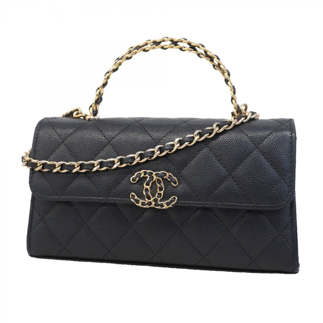 Chanel Matelasse Handbag with Chain Shoulder Strap, Caviar Leather, Black Champagne, 2-Way Bag for: --- Catalog ---Category: SizeSize (HxWxD): 10.5cm x 19cm x 4cm / 4.13'' x 7.48'' x 1.57''Category: DesignType: HandbagColor: BlackGender: WomenMaterial: Grained Calfskin Hardware Color: Champagne gold