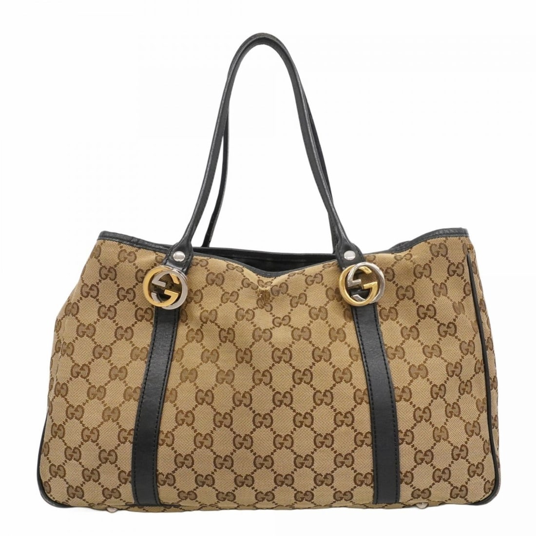 Gucci GG Canvas Tote Bag with Twins 232957, Brown, Black, and Gold, Women's: --- Catalog ---Category: SizeSize (HxWxD): 23.5cm x 37cm x 10cm / 9.25'' x 14.56'' x 3.93''Category: DesignType: Tote bagColor: Black, BrownGender: WomenMaterial: Canvas Hardware Color: Gold,