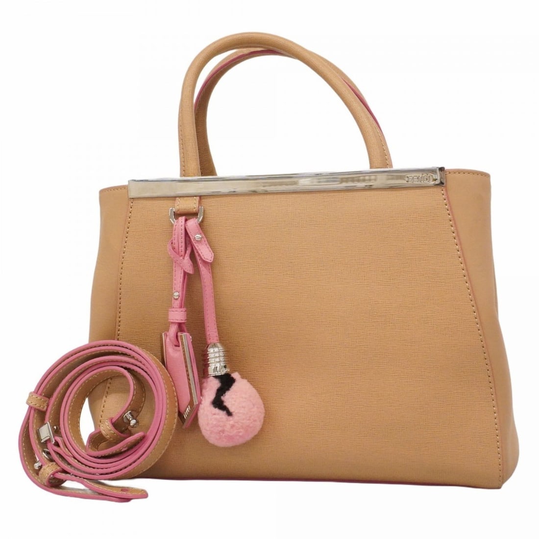 Fendi Toujours Leather Handbag, Beige and Pink, 2-Way Bag for Women: --- Catalog ---Category: SizeSize (HxWxD): 20cm x 26cm x 13cm / 7.87'' x 10.23'' x 5.11''Category: DesignType: HandbagColor: Beige, PinkGender: WomenMaterial: Leather Hardware Color: SilverCategory: G