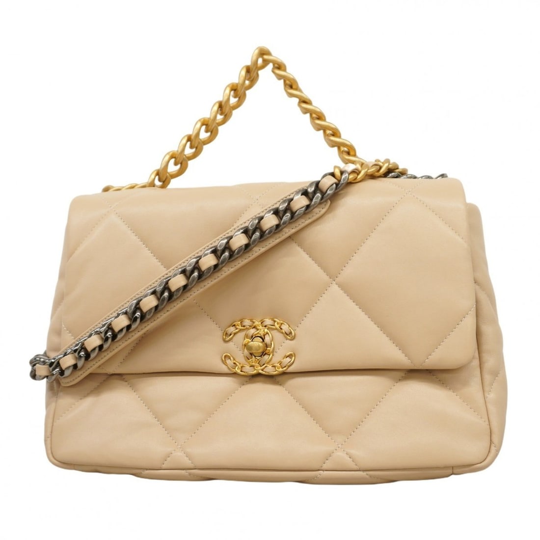 Chanel 19 Lambskin Chain Shoulder Bag in Beige and Gold, 2-Way for Women: --- Catalog ---Category: SizeSize (HxWxD): 20cm x 29cm x 8cm / 7.87'' x 11.41'' x 3.14''Category: DesignType: HandbagColor: BeigeGender: WomenMaterial: Leather Hardware Color: Gold, SilverLeather/Fur