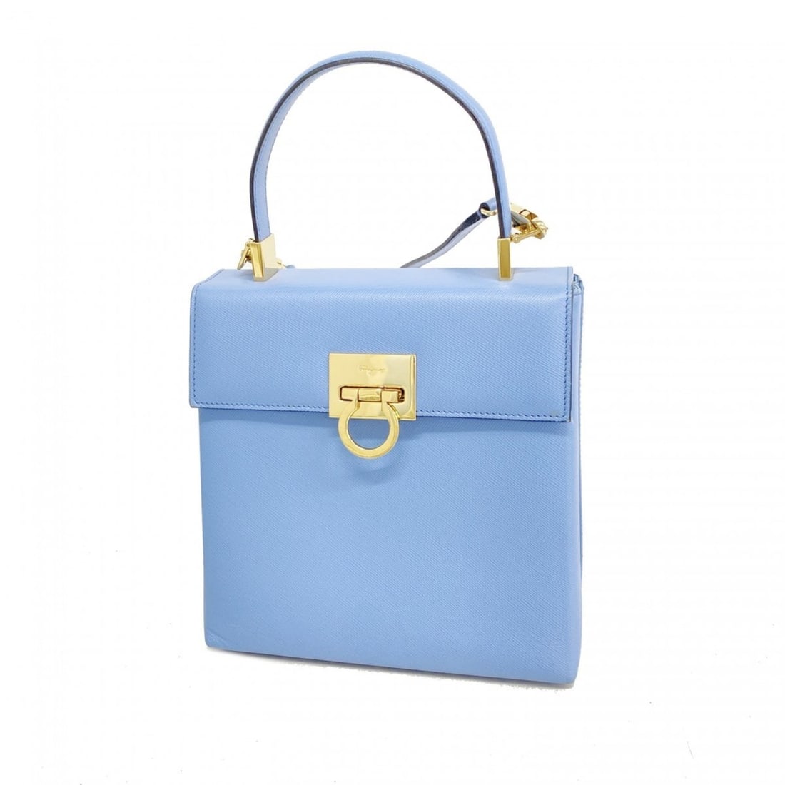 Salvatore Ferragamo Gancini Leather Handbag in Blue Champagne, 2-Way Bag for Women: --- Catalog ---Category: SizeSize (HxWxD): 19cm x 19cm x 10cm / 7.48'' x 7.48'' x 3.93''Category: DesignType: HandbagColor: BlueGender: WomenMaterial: Leather Hardware Color: Champagne goldCategory: G