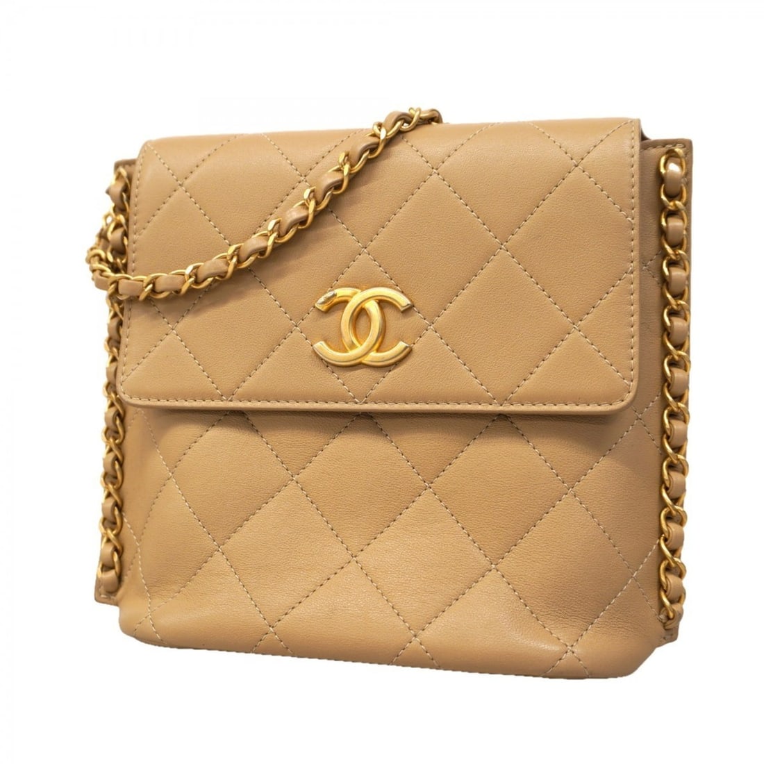 Chanel Matelasse Shoulder Bag with Chain Bag, Beige Leather, Women's: --- Catalog ---Category: SizeSize (HxWxD): 18cm x 17cm x 6.5cm / 7.08'' x 6.69'' x 2.55''Category: DesignType: Shoulder bagColor: BeigeGender: WomenMaterial: Leather Hardware Color: GoldCategory: Gene