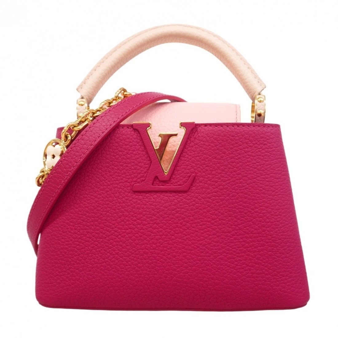 Louis Vuitton Capucines MINI M20845 Handbag in Rose Pondicherry Pink and Fresh Coquille, 2-Way Bag: --- Catalog ---Category: SizeSize (HxWxD): 13cm x 20cm x 8cm / 5.11'' x 7.87'' x 3.14''Category: DesignType: HandbagColor: Coquille, PinkGender: WomenCategory: GeneralMPN: M20845Brand: Louis Vuitton--