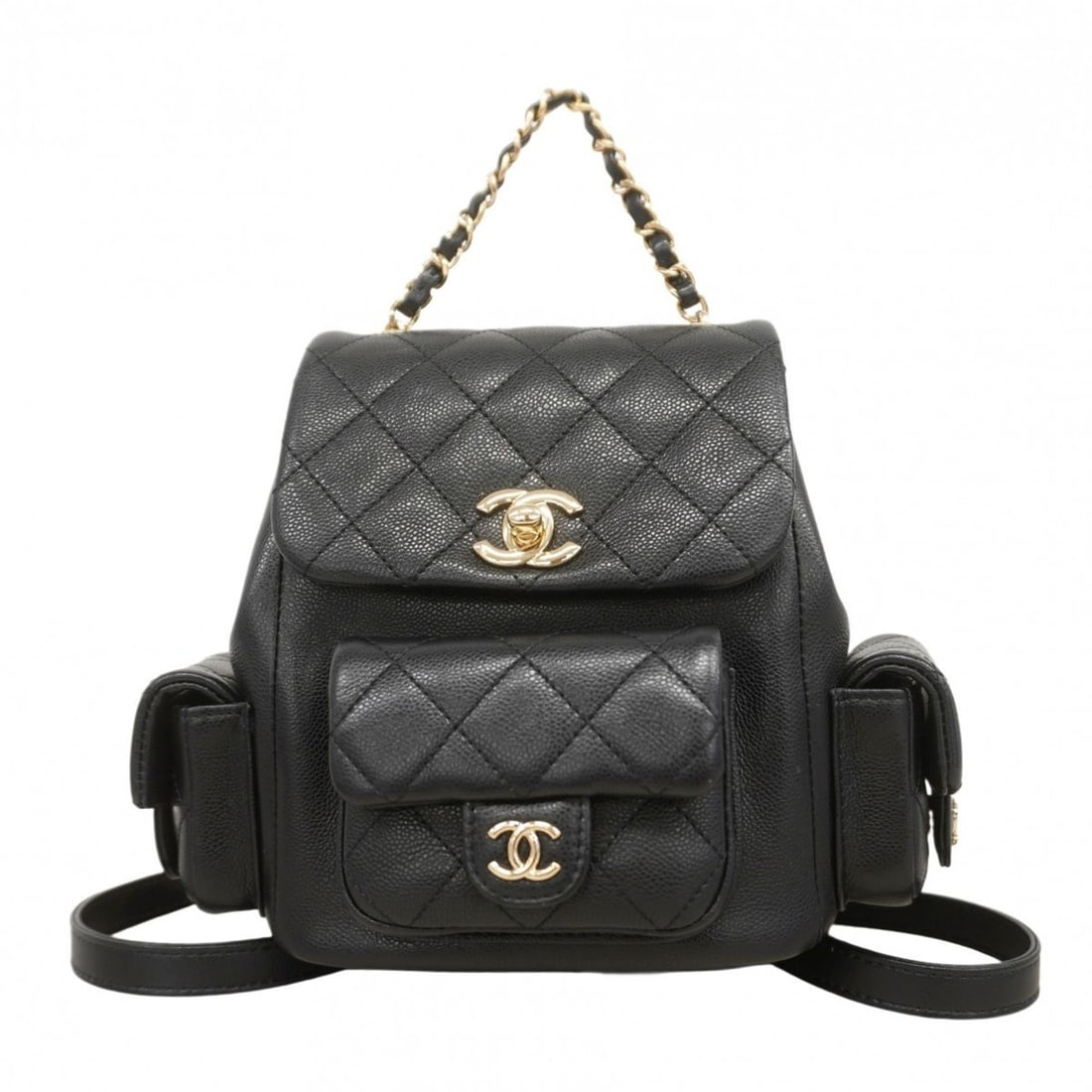 Chanel Backpack/Daypack Matelasse Caviar Leather Black Champagne Women's: --- Catalog ---Category: SizeSize (HxWxD): 19cm x 22cm x 13cm / 7.48'' x 8.66'' x 5.11''Category: DesignType: BackpackColor: BlackGender: WomenMaterial: Grained Calfskin Hardware Color: Champagne gold