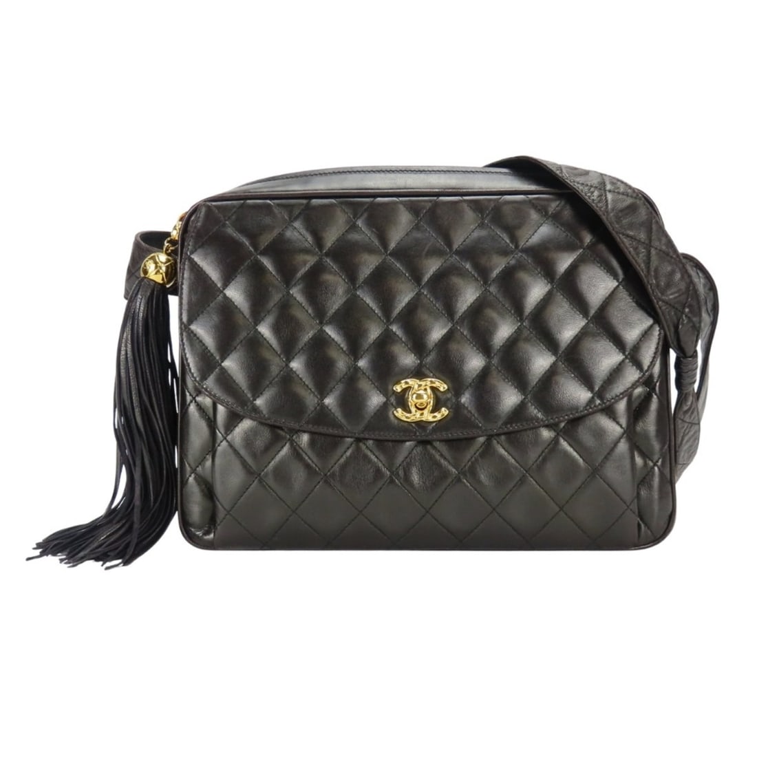CHANEL Matelasse Coco Mark Shoulder Bag, Black Lambskin, Gold Hardware, Fringe, Quilted, Women's: --- Catalog ---Category: SizeSize (HxWxD): 20cm x 27cm x 7.5cm / 7.87'' x 10.62'' x 2.95''Category: DesignType: Shoulder bagColor: BlackGender: WomenMaterial: Quilting , Leather Leather/Fur Type: Lamb