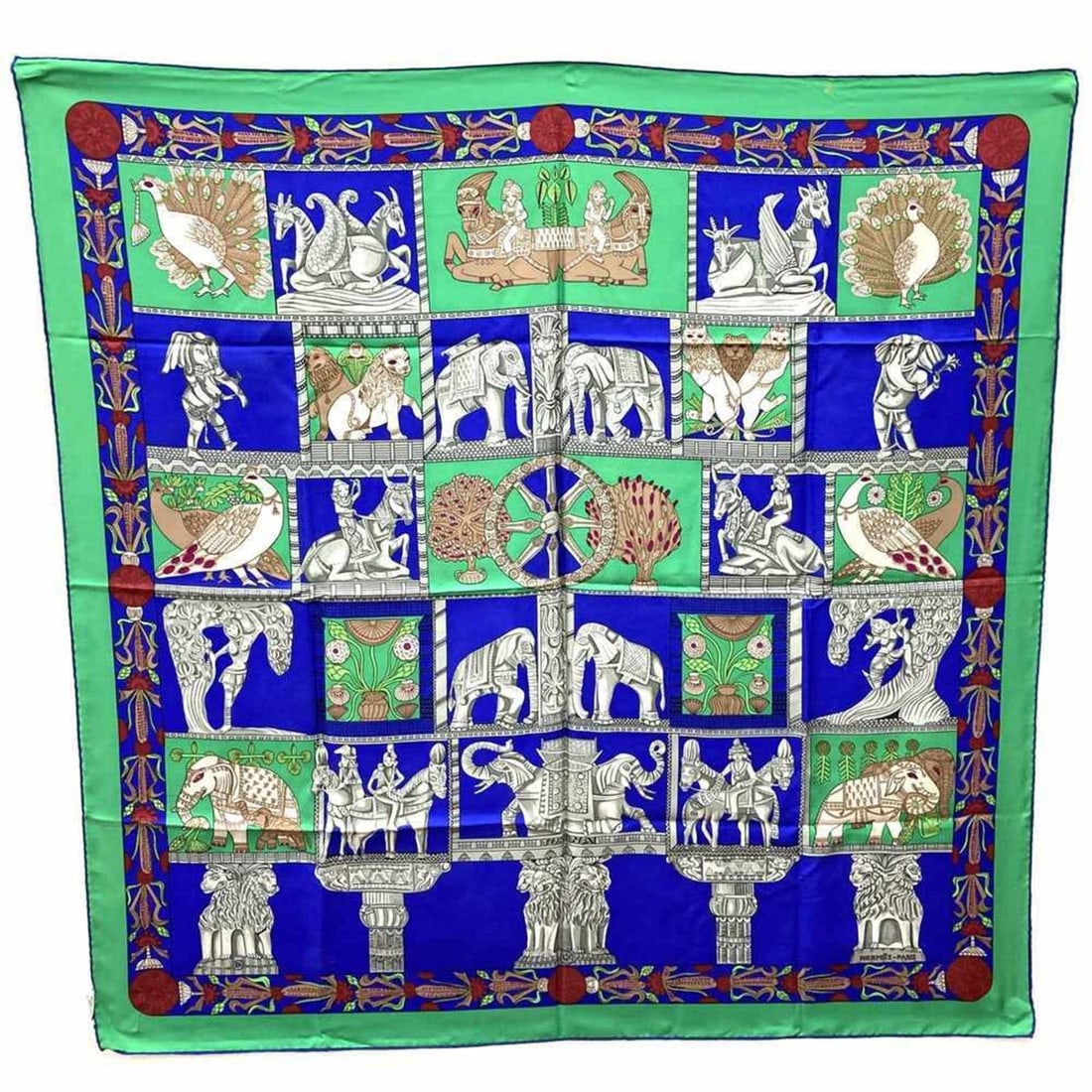 HERMES Carré 90 TORANA Scarf/Muffler, Silk, Green, Women's: --- Catalog ---Category: SizeWeight: 62g / 2.18oz.Size (LxW): 88cm x 88cm / 34.64'' x 34.64''Category: DesignType: ScarfColor: GreenGender: WomenMaterial: Silk Category: GeneralBrand: Hermes--- Item L