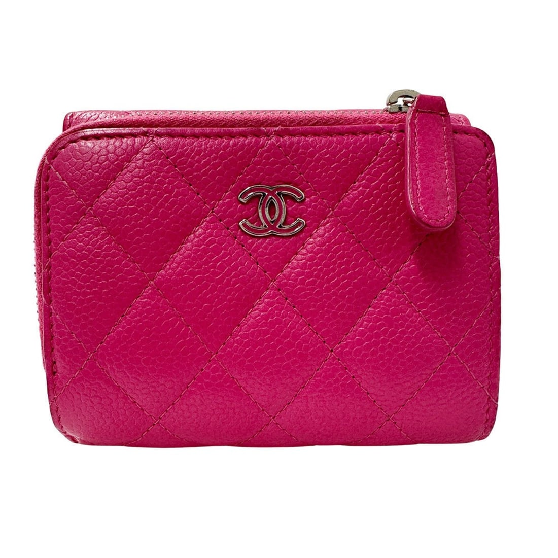 CHANEL Matelasse Women's Tri-fold Wallet in Pink Caviar Leather with Silver Hardware.: --- Catalog ---Category: SizeSize (HxWxD): 7.5cm x 10.5cm x 2.3cm / 2.95'' x 4.13'' x 0.9''Category: DesignType: Wallet (tri-fold)Color: PinkGender: WomenMaterial: Grained Calfskin Category: GeneralBr