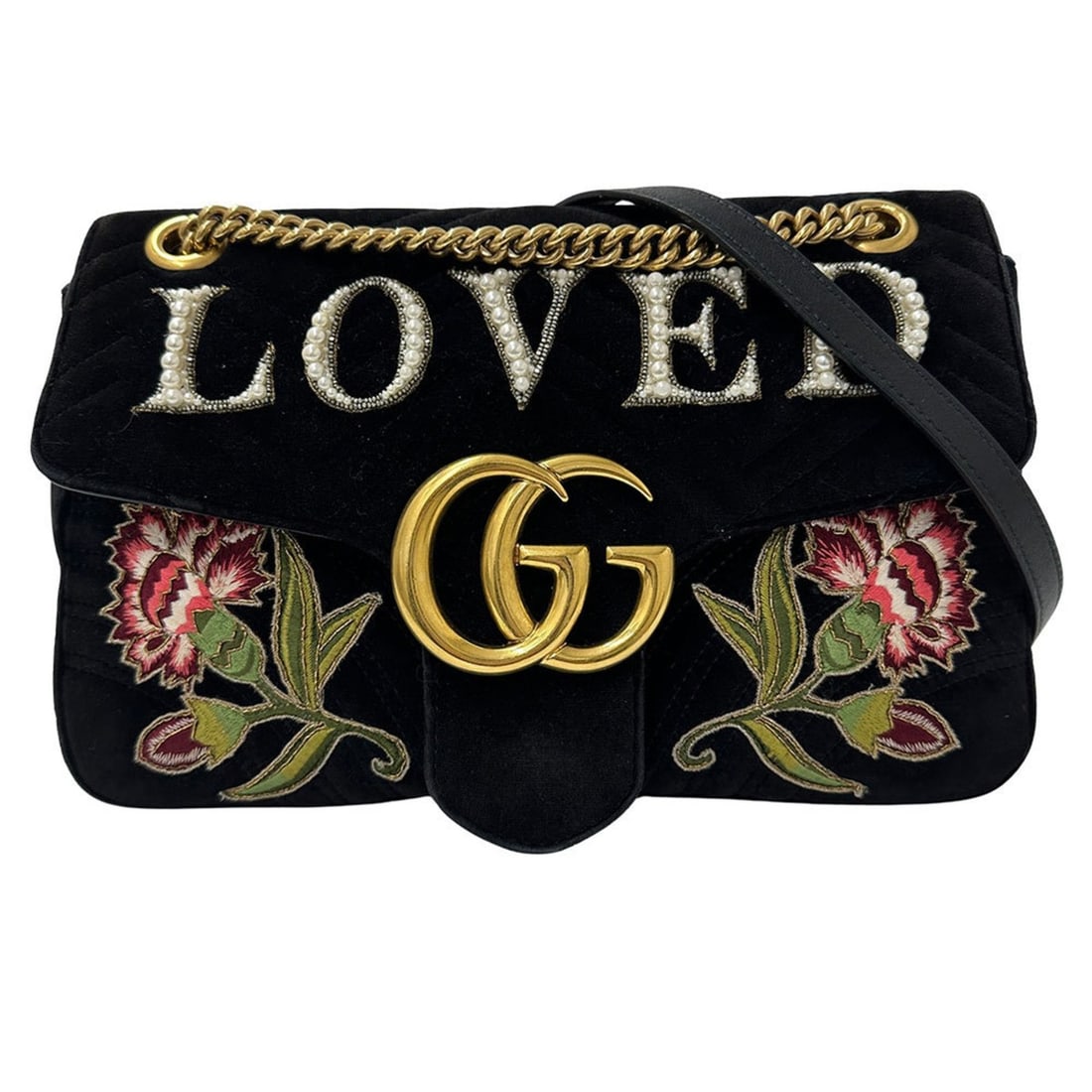 Gucci Women's Shoulder Bag, Leather and Velvet, GG Marmont, Black, 443496, Chain, Flower, Pearl: --- Catalog ---Category: SizeSize (HxWxD): 20cm x 30cm x 7cm / 7.87'' x 11.81'' x 2.75''Category: DesignType: Shoulder bagColor: BlackGender: WomenMaterial: Leather , Leather Leather/Fur Type: VelourC