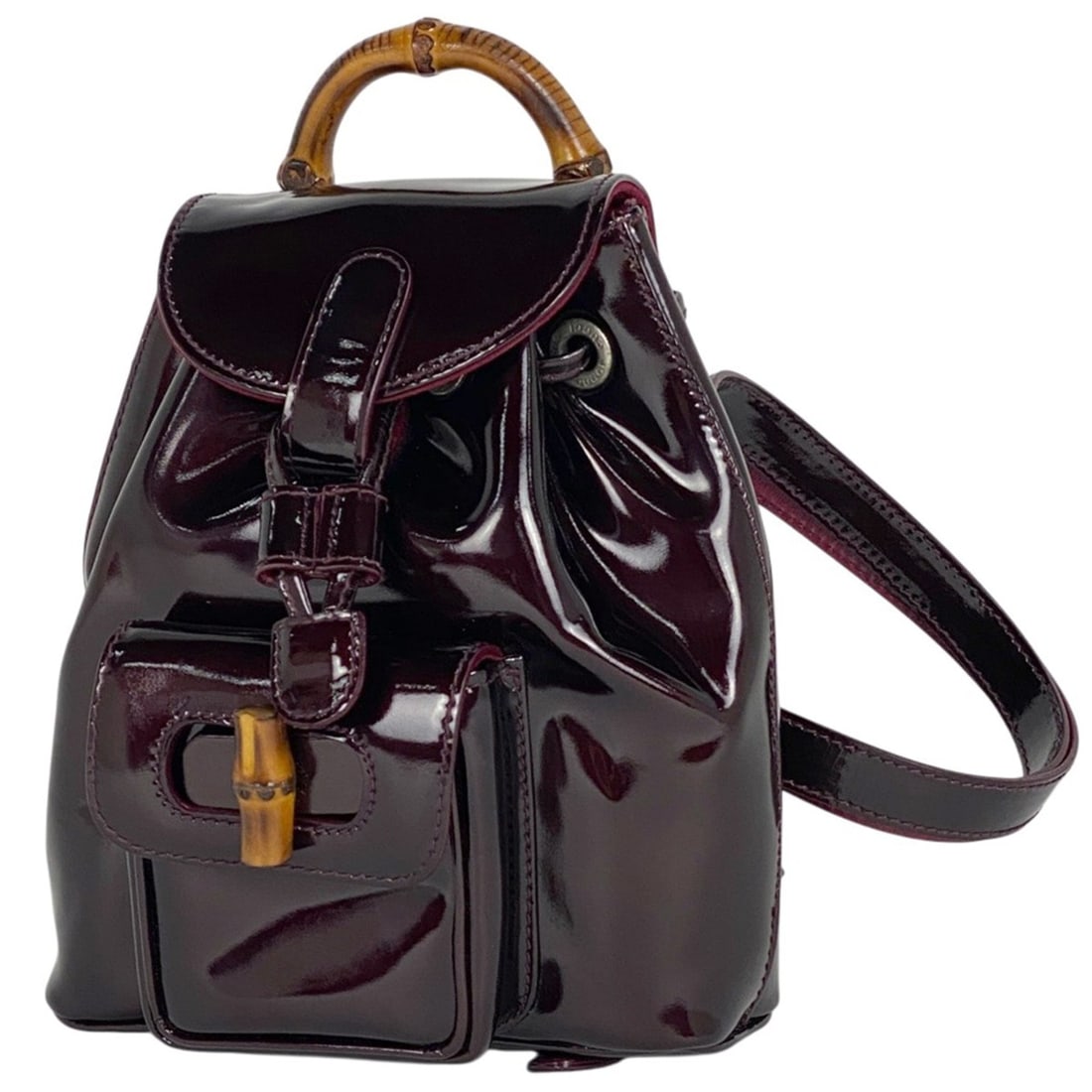 Gucci Bamboo Mini Rucksack/Daypack 005 781 0819, Patent Leather, Bordeaux, Women's: --- Catalog ---Category: SizeSize (HxWxD): 19cm x 16cm x 5.5cm / 7.48'' x 6.29'' x 2.16''Category: DesignType: BackpackColor: BordeauxGender: WomenMaterial: Bamboo , Patent leather Category: GeneralBr