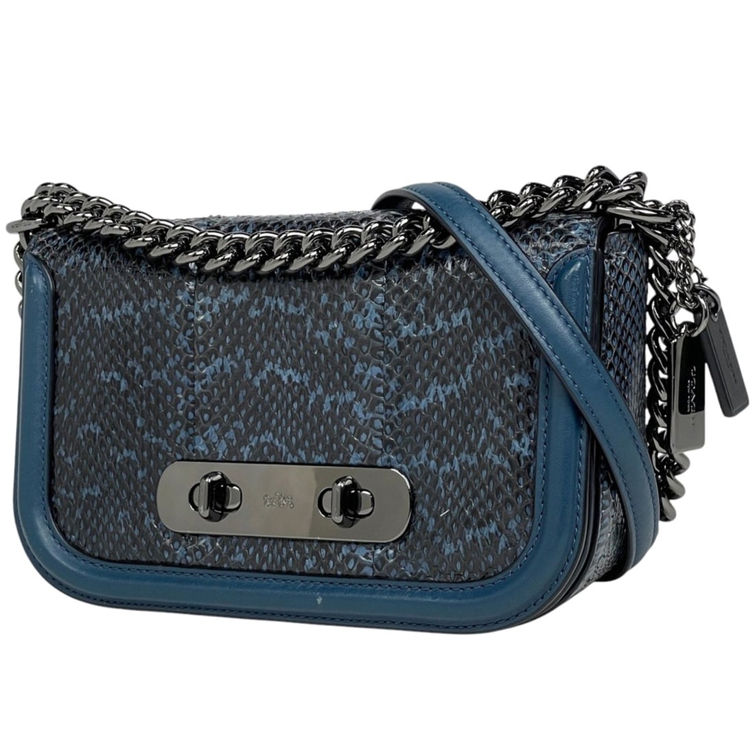 Coach Swagger Shoulder Bag with Logo Chain, Blue Leather, 59493, Women's: --- Catalog ---Category: SizeSize (HxWxD): 12cm x 20cm x 7.5cm / 4.72'' x 7.87'' x 2.95''Category: DesignType: Shoulder bagColor: BlueGender: WomenMaterial: Leather Category: GeneralBrand: Coach--- It