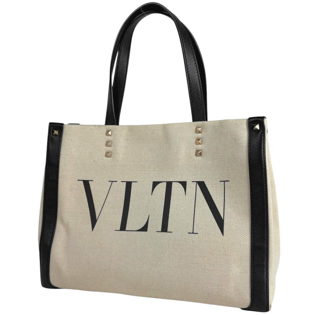 Valentino Rockstud Tote Bag VLTN Logo Handbag Canvas Ivory Black Women's: --- Catalog ---Category: SizeSize (HxWxD): 22cm x 30cm x 10cm / 8.66'' x 11.81'' x 3.93''Category: DesignType: Handbag, Tote bagColor: Black, IvoryGender: WomenMaterial: Canvas , Leather Category: Gen