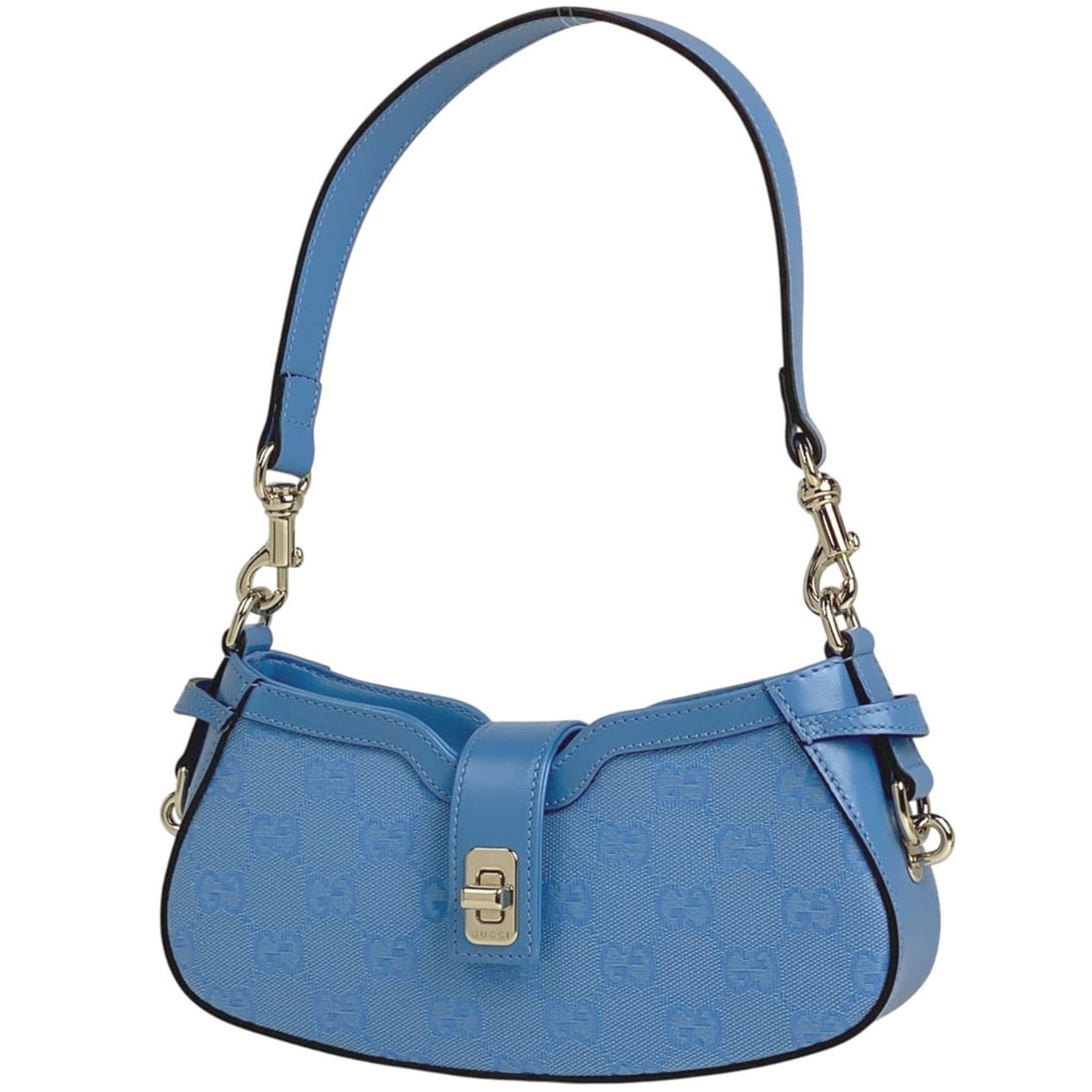Gucci Moonside Mini Shoulder Bag with GG Pattern, Light Blue Canvas, 786035, Women's: --- Catalog ---Category: SizeSize (HxWxD): 11cm x 23.5cm x 4.5cm / 4.33'' x 9.25'' x 1.77''Category: DesignType: Handbag, Shoulder bagColor: Light blueGender: WomenMaterial: GG canvas , Leather Catego
