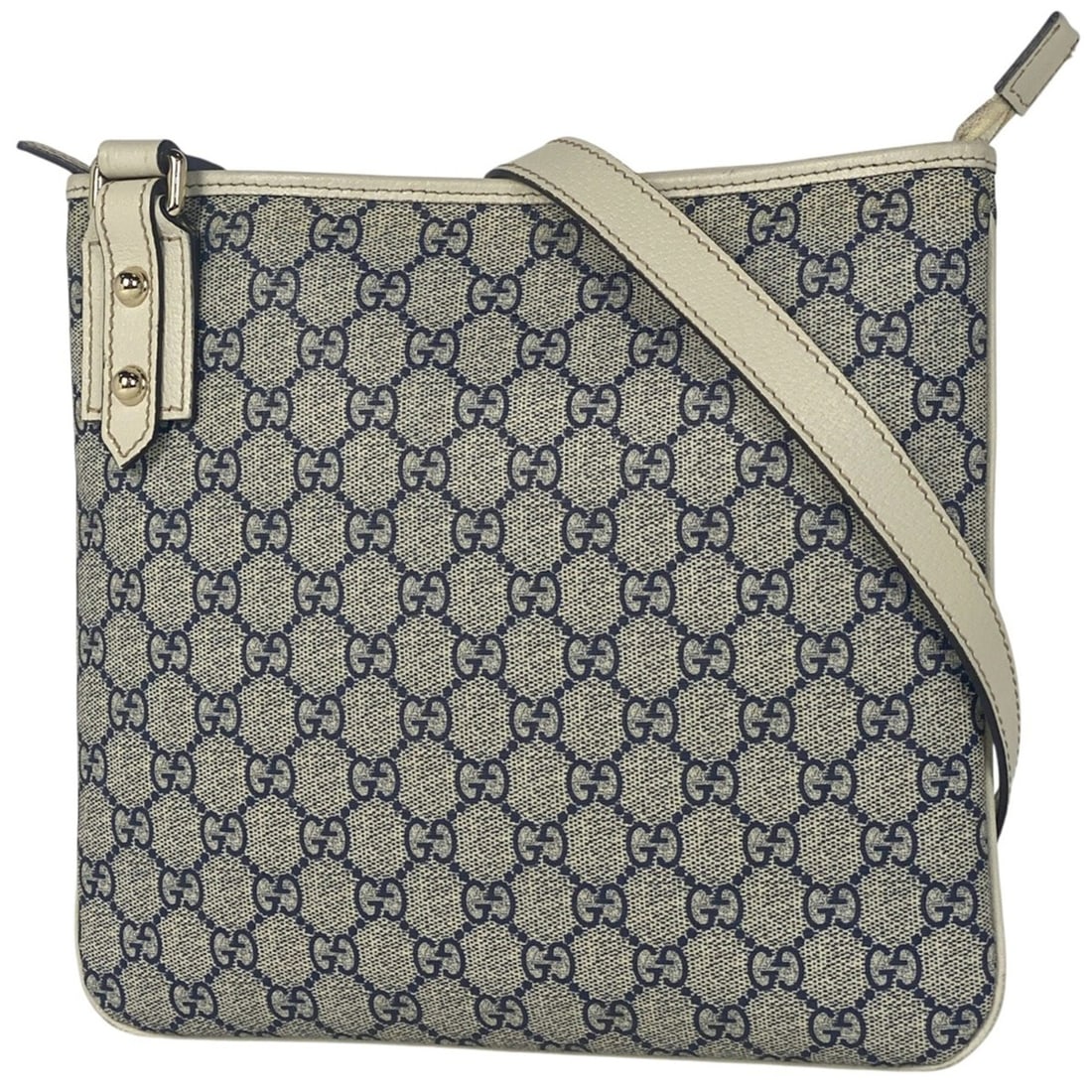 Gucci GG-patterned crossbody shoulder bag in coated canvas, navy, 257246, for women: --- Catalog ---Category: SizeSize (HxWxD): 24cm x 26cm x 2cm / 9.44'' x 10.23'' x 0.78''Category: DesignType: Shoulder bagColor: NavyGender: WomenMaterial: Coated canvas , Leather Category: GeneralBra