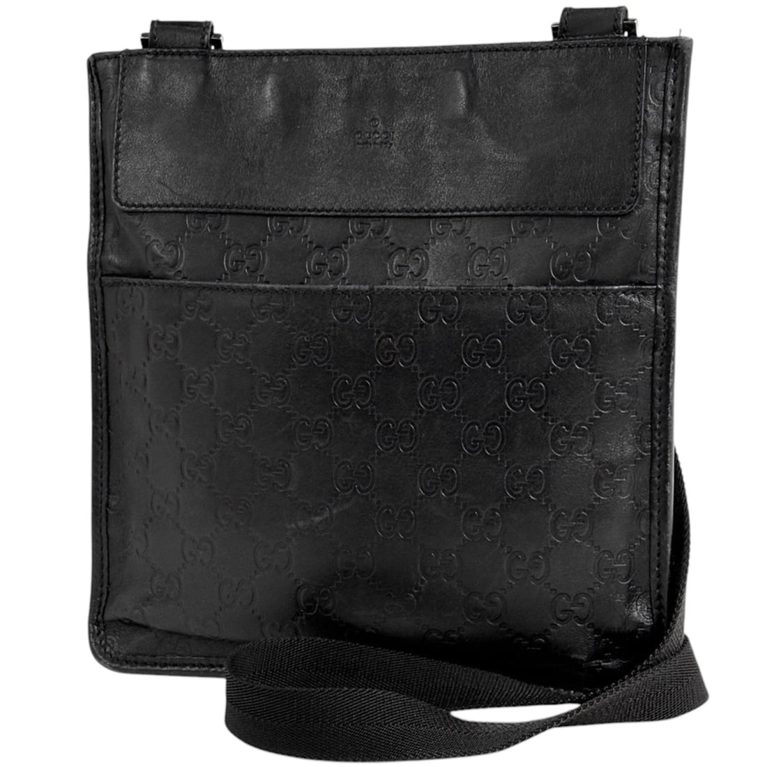 Gucci Guccissima Shoulder Bag, Crossbody Shimmer Leather, Black, 27639, Women's: --- Catalog ---Category: SizeSize (HxWxD): 25cm x 24cm x 5.00mm / 9.84'' x 9.44'' x 0.19''Category: DesignType: Shoulder bagColor: BlackGender: WomenMaterial: GG leather Category: GeneralLine: Gucciss