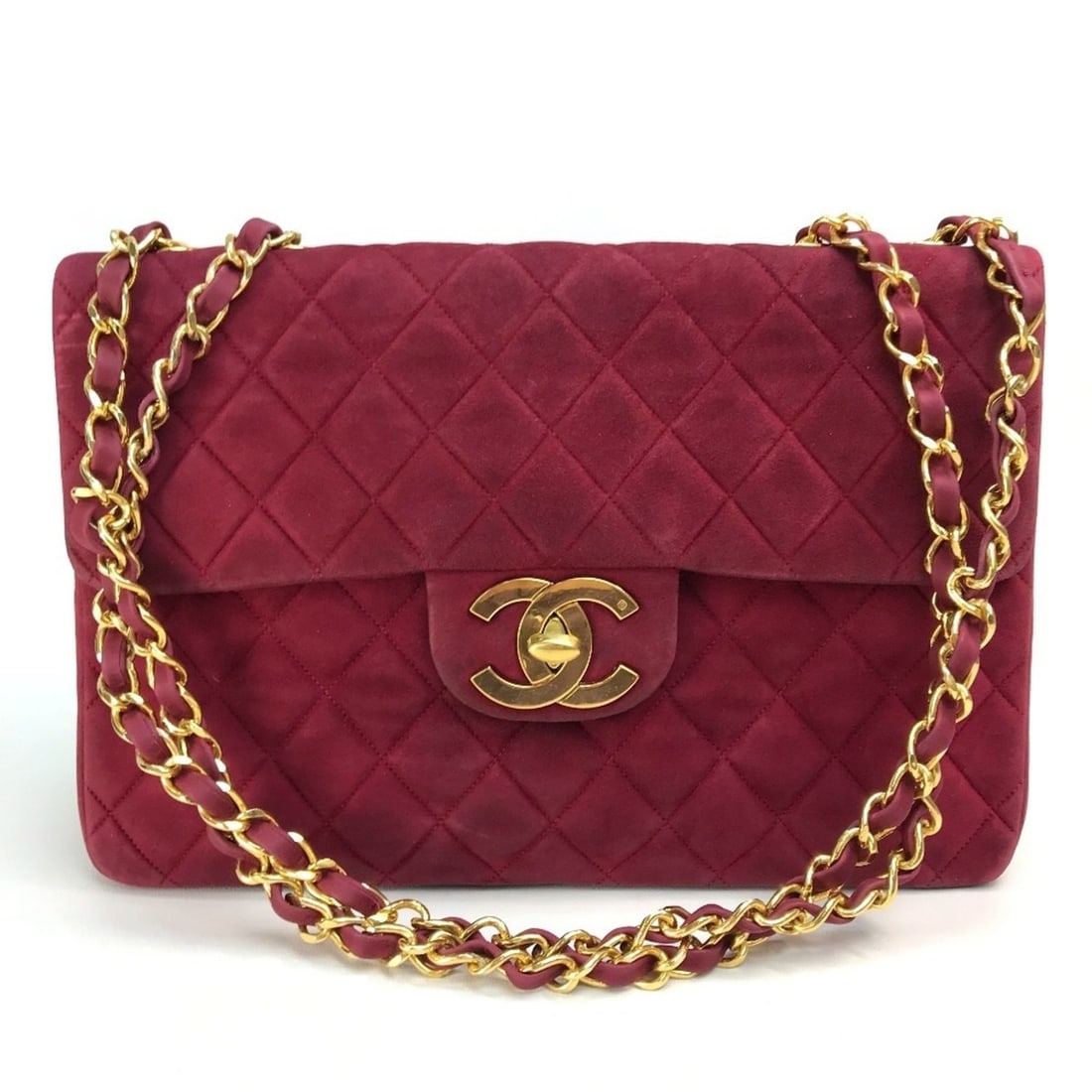 CHANEL CC Coco Mark Deca Matelasse 34 Double Chain Shoulder Bag Suede Women's Bordeaux: --- Catalog ---Category: SizeSize (HxWxD): 22cm x 34cm x 9.5cm / 8.66'' x 13.38'' x 3.74''Category: DesignType: Shoulder bagColor: BordeauxGender: WomenClosure: Turn lockMaterial: Suede Hardware Color