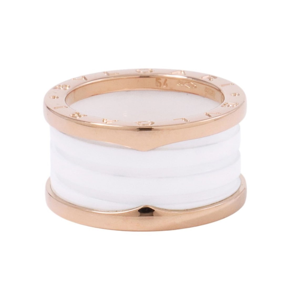BVLGARI B-ZERO1 ring, 4-band, 18K pink gold/white ceramic, ring size 54.: --- Catalog ---Category: SizeWidth: 12mm / 0.47''Weight: 9.6g / 0.33oz.JP Size: 14US Size: 7Category: DesignType: Band ringColor: Pink gold, WhiteGender: WomenMaterial: Ceramic, Pink gold (18K)Categor