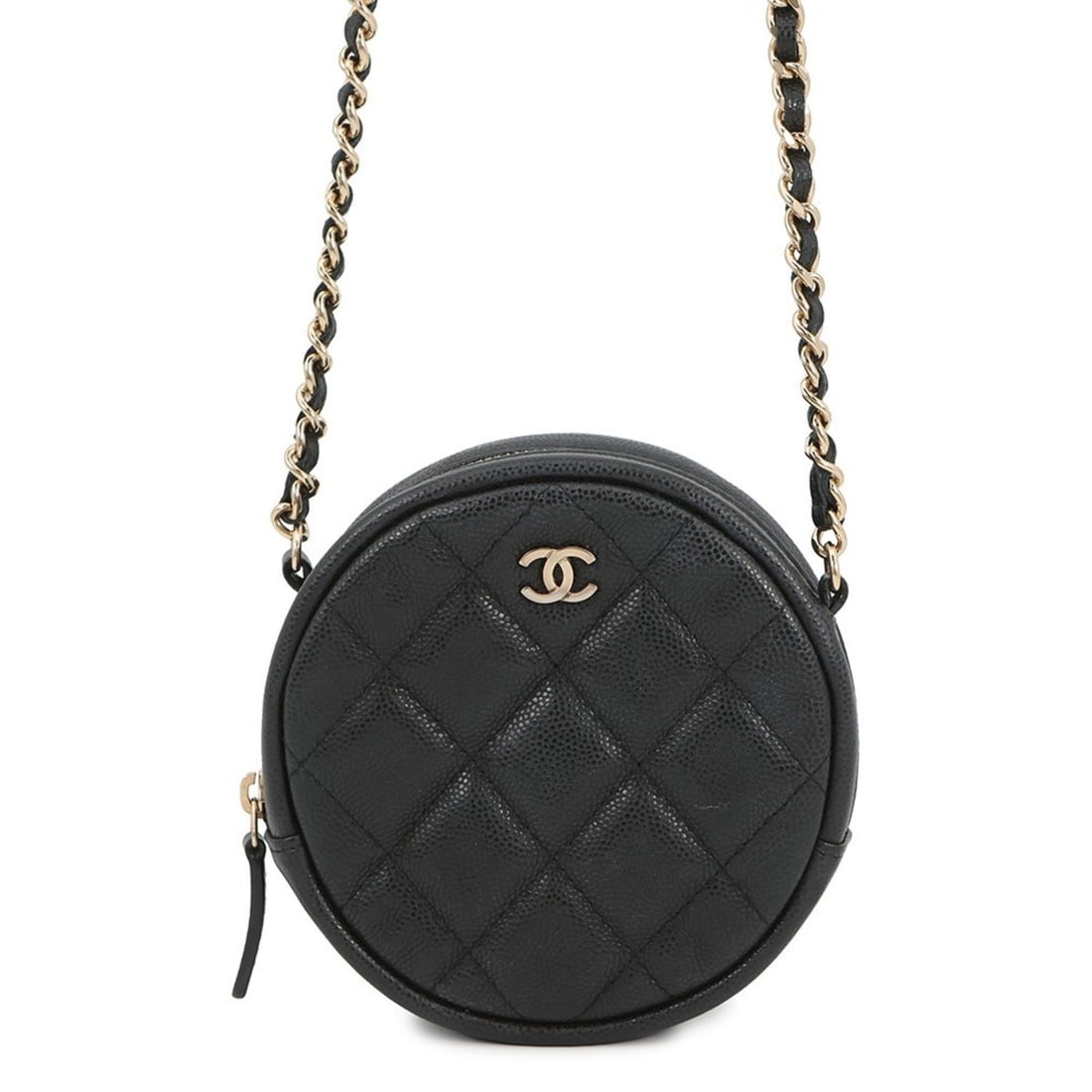 CHANEL Chain Shoulder Bag Matelasse Coco Mark Round Caviar Leather A70657 Black: --- Catalog ---Category: SizeWeight: 220g / 7.76oz.Size (HxWxD): 12cm x 12cm x 4.5cm / 4.72'' x 4.72'' x 1.77''Strap Length: 131cm / 51.57''Category: DesignType: Shoulder bagColor: BlackGender: WomenC