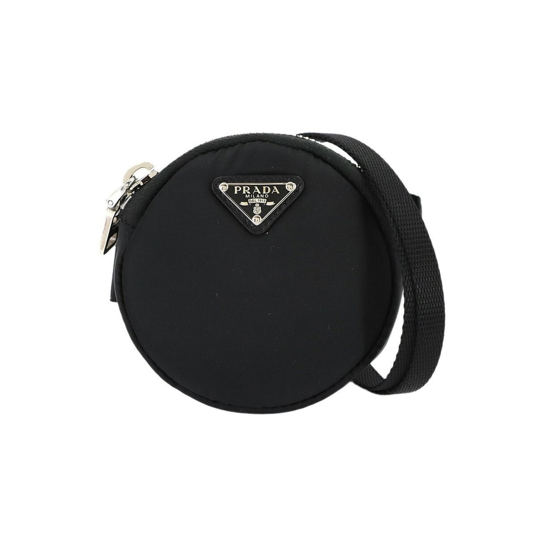 Prada Round Shoulder Pouch, Black Nylon with Silver Hardware, 1TT129: --- Catalog ---Category: SizeSize (HxWxD): 9cm x 9cm x 2cm / 3.54'' x 3.54'' x 0.78''Category: DesignType: PouchColor: BlackGender: WomenMaterial: Nylon Category: GeneralMPN: 1TT129Brand: Prada--- Ite