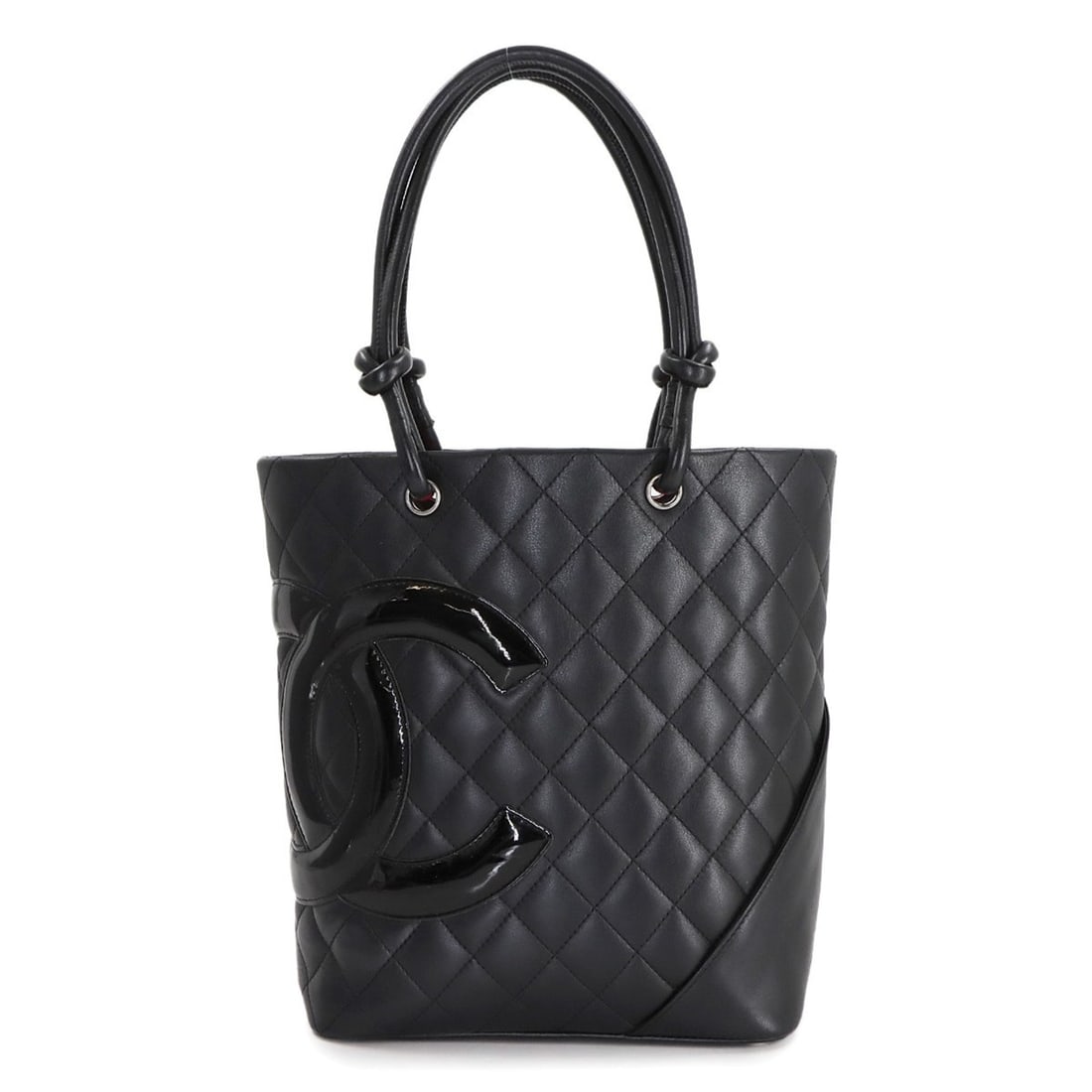 CHANEL Cambon Line Medium Tote Bag in Black Enamel Calfskin with Silver Hardware (A25167): --- Catalog ---Category: SizeSize (HxWxD): 24.5cm x 20.5cm x 11.5cm / 9.64'' x 8.07'' x 4.52''Category: DesignType: Tote bagColor: BlackMaterial: Leather Leather/Fur Type: Calfskin, Enamel LeatherCate