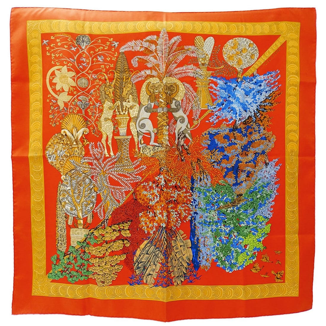 Hermes Hermès Women's Carré 90 "Les Legendes de L'Arbre" Scarf, Large, Orange Silk, Animal and: --- Catalog ---Category: SizeSize (LxW): 89cm x 89cm / 35.03'' x 35.03''Category: DesignType: ScarfColor: OrangeGender: WomenMaterial: Silk Category: GeneralBrand: HermesCountry of Origin: France--- I