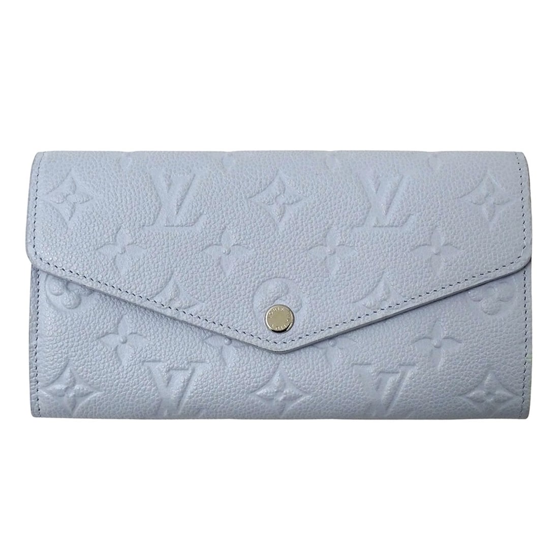 Louis Vuitton Monogram Empreinte Women's Portefeuille Sarah Wallet in Washed Blue (M17779): --- Catalog ---Category: SizeSize (HxWxD): 10.5cm x 19cm x 3cm / 4.13'' x 7.48'' x 1.18''Category: DesignType: Long wallet (bi-fold)Color: Light blueGender: WomenMaterial: Monogram Empreinte Category: