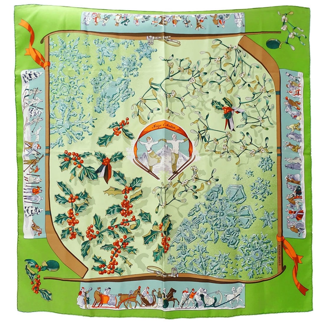 Hermes Hermès Women's Carré 90 Scarf, "Last Year's Snow," Green Silk, Large, Snowflake Design (1 of 13)