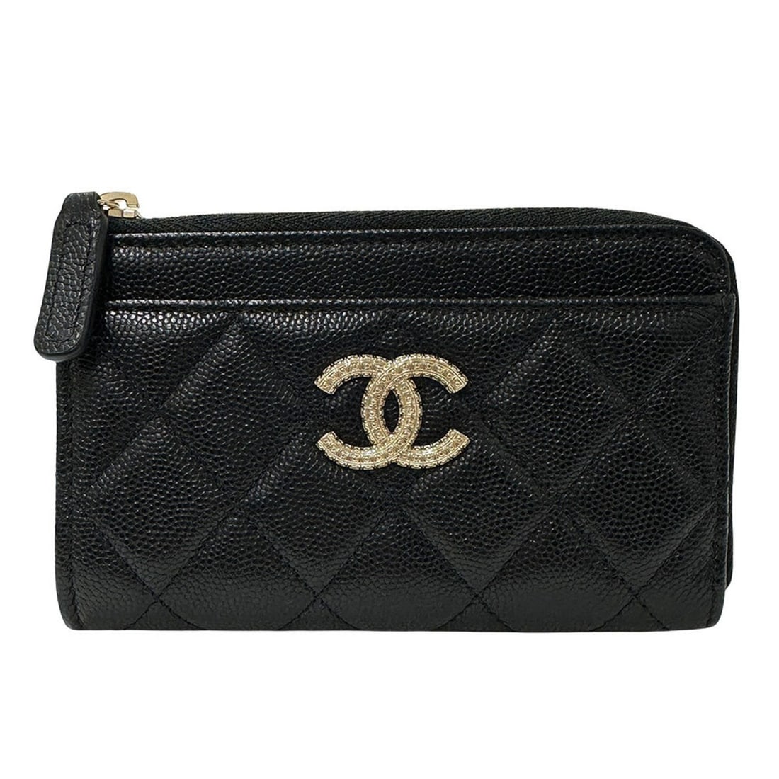 CHANEL Matelasse Business Card Case for Men and Women, Caviar Leather, Classic Zip, Black with Gold: --- Catalog ---Category: DesignType: Card caseColor: BlackGender: WomenMaterial: Grained Calfskin Category: GeneralBrand: ChanelCountry of Origin: FranceCategory: Physical PropertiesSize (HxWxD): 8cm