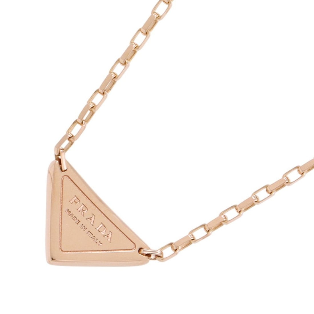 Prada Mini Triangle Pendant Necklace in 18K Pink Gold (1JCA36_2FPD_F0XEG): --- Catalog ---Category: SizeWeight: 4.5g / 0.15oz.Pendant Size: 8.3mm x 13.2mm / 0.32'' x 0.51''Neck Circumference: 40.5 cm - 45 cm / 15.94'' - 17.71''Category: DesignGender: WomenMaterial: Pink gold