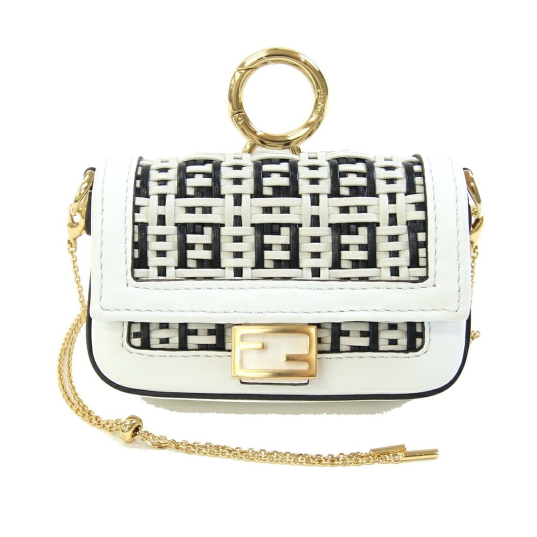 Fendi Nano Bucket Charm 7AR844 White/Black Leather Chain Shoulder Bag Key Ring FF Women's FENDI: --- Catalog ---Category: SizeSize (HxWxD): 6.5cm x 10.5cm x 3.5cm / 2.55'' x 4.13'' x 1.37''Category: DesignType: Shoulder bagColor: Black, WhiteGender: WomenMaterial: Leather Category: GeneralMPN: 7A