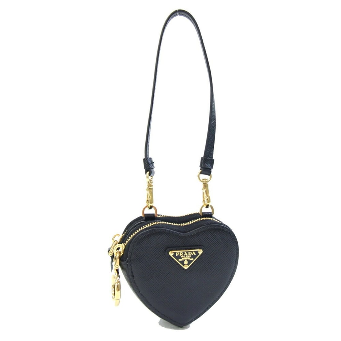Prada Heart 1TL453 Black Leather Mini Pouch Triangle Handbag for Women: --- Catalog ---Category: SizeSize (HxWxD): 7.5cm x 8.5cm / 2.95'' x 3.34''Category: DesignType: Handbag, PouchColor: BlackGender: WomenMaterial: Leather Category: GeneralBrand: PradaCountry of Origin: