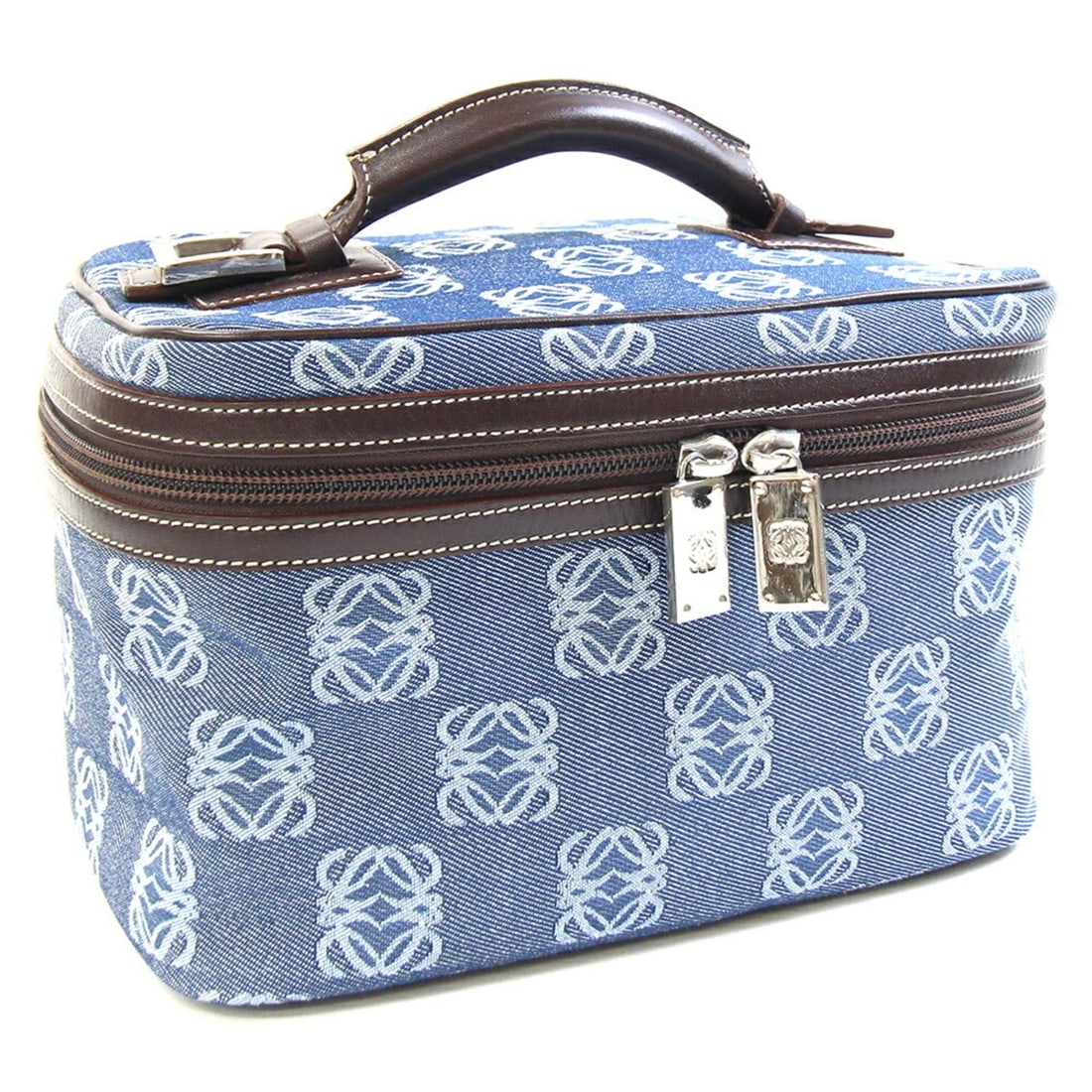 Loewe Vanity Bag Anagram Blue/Dark Brown Canvas Leather Makeup Pouch Handbag Women's LOEWE (1 of 14)
