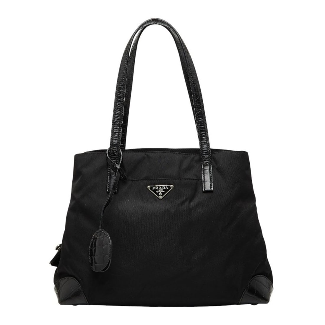 Prada Triangle Logo Plate Tote Bag Black Nylon Leather Women's PRADA: --- Catalog ---Category: SizeSize (HxWxD): 21cm x 30cm x 13cm / 8.26'' x 11.81'' x 5.11''Category: DesignType: Tote bagColor: BlackGender: WomenMaterial: Nylon , Leather Category: GeneralBrand: Prada-