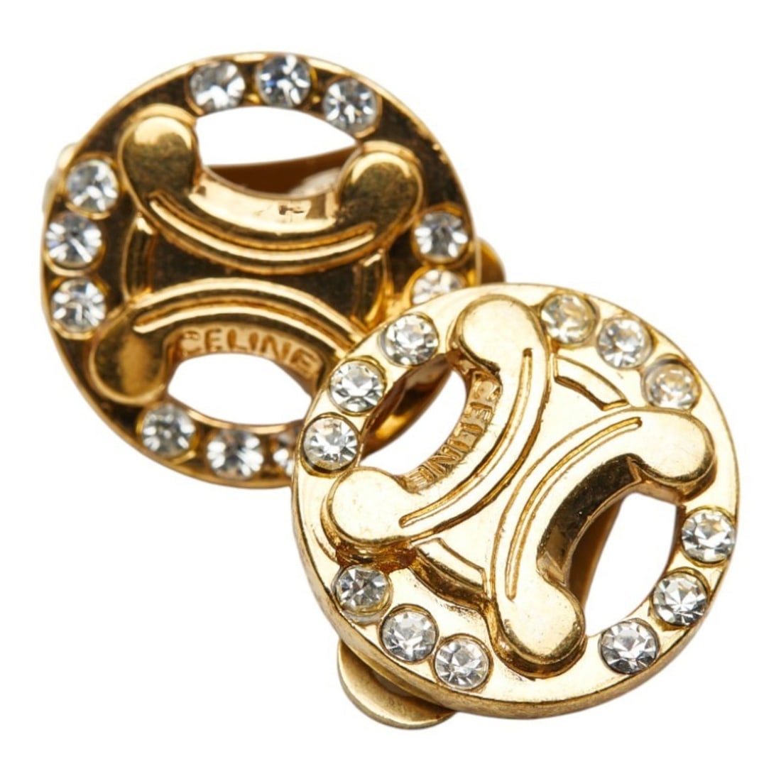 Celine Triomphe Earrings, Gold Plated with Rhinestones, Women's, CELINE: --- Catalog ---Category: SizeStone Size (HxW): 15.50mm x 15.50mm / 0.61'' x 0.61''Category: DesignColor: GoldGender: WomenMaterial: RhinestoneCategory: GeneralBrand: Celine--- Item List ---Section: Co