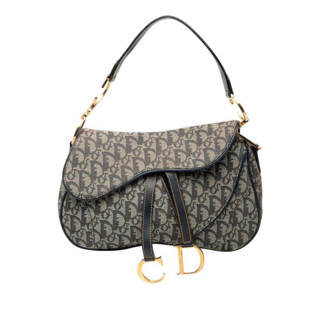 Christian Dior Dior Oblique Saddle Bag Handbag One-Shoulder Navy Beige Canvas Leather Women's (1 of 12)