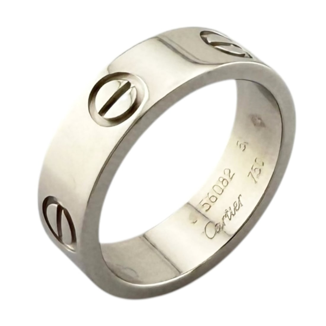 Cartier Love Ring, 18k gold, women's, pre-owned: --- Catalog ---Category: SizeWidth: 5mm / 0.2''Weight: 6.9g / 0.24oz.JP Size: 10.5US Size: 5.5Category: DesignType: Band ringGender: WomenHandmade: YesMaterial: White gold (18K)Category: GeneralLine: