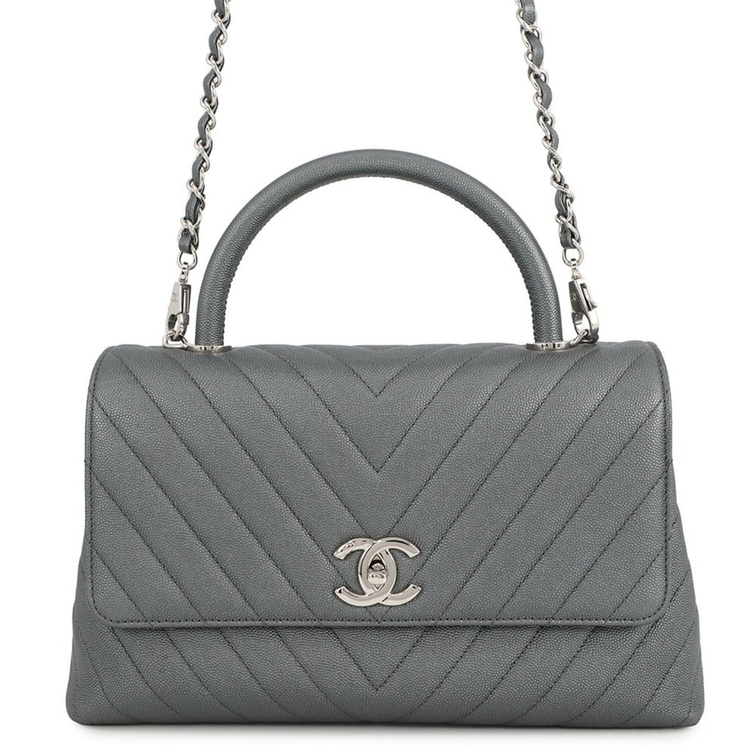 Chanel handbag with chevron Coco mark handle and caviar leather A92991, a 2-way shoulder bag.: --- Catalog ---Category: SizeSize (HxWxD): 17cm x 29cm x 11cm / 6.69'' x 11.41'' x 4.33''Category: DesignType: HandbagColor: Metallic grayGender: WomenMaterial: Grained Calfskin Category: GeneralBrand
