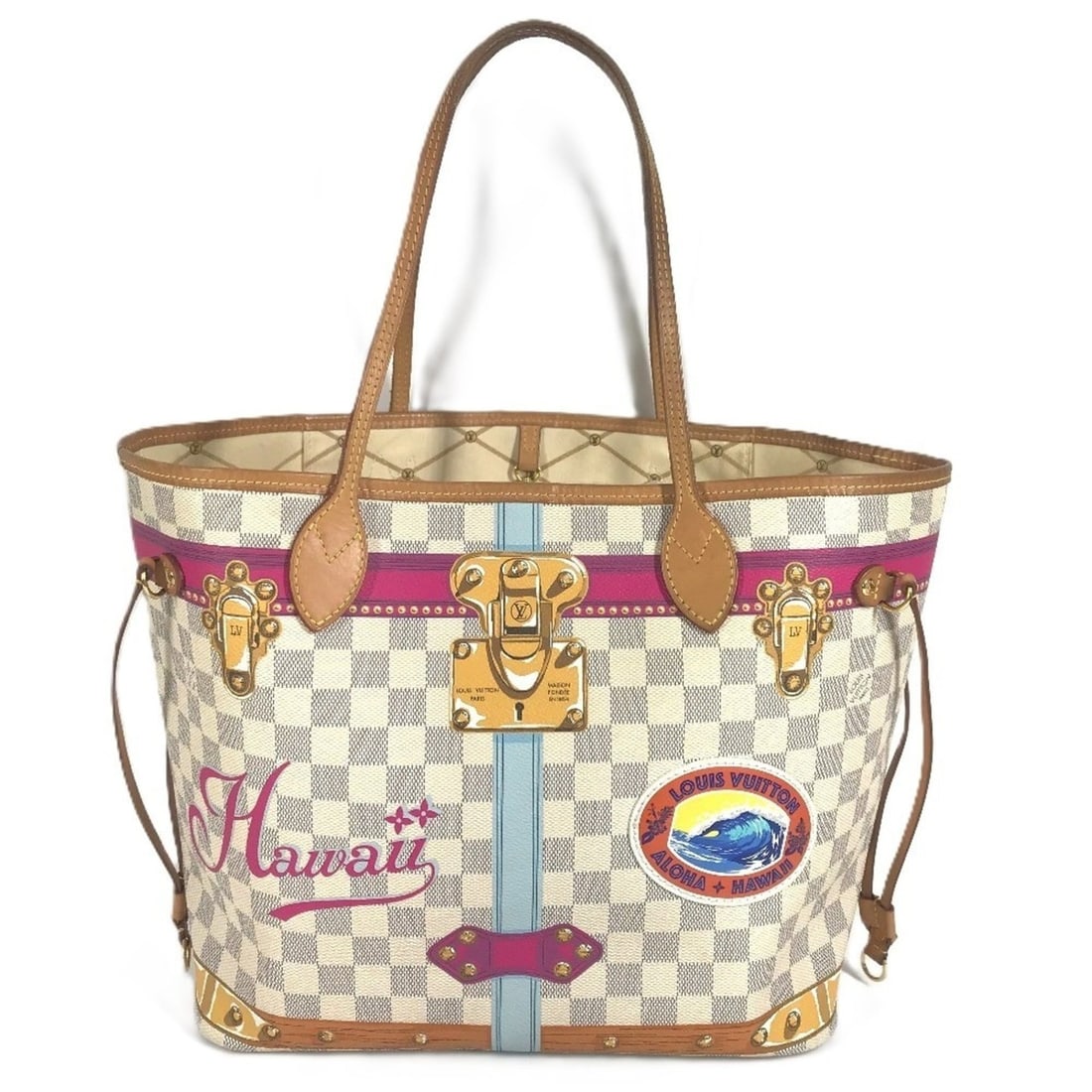LOUIS VUITTON N41734 Damier Azur Summer Trunk Hawaii Neverfull MM Shoulder Tote Bag Canvas White for: --- Catalog ---Category: SizeSize (HxWxD): 29cm x 32cm x 15cm / 11.41'' x 12.59'' x 5.9''Category: DesignType: Shoulder bag, Tote bagColor: Pink, WhiteGender: WomenMaterial: Damier Azur Category: Gene