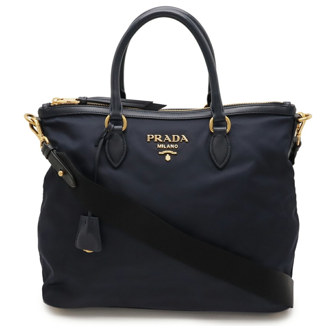 PRADA Prada Tote Bag Shoulder Handbag Nylon Leather Navy Blue 1BC060: --- Catalog ---Category: SizeSize (HxWxD): 28.5cm x 35cm x 16.5cm / 11.22'' x 13.77'' x 6.49''Category: DesignType: Handbag, Shoulder bag, Tote bagColor: NavyGender: WomenMaterial: Nylon Outer Pocket: