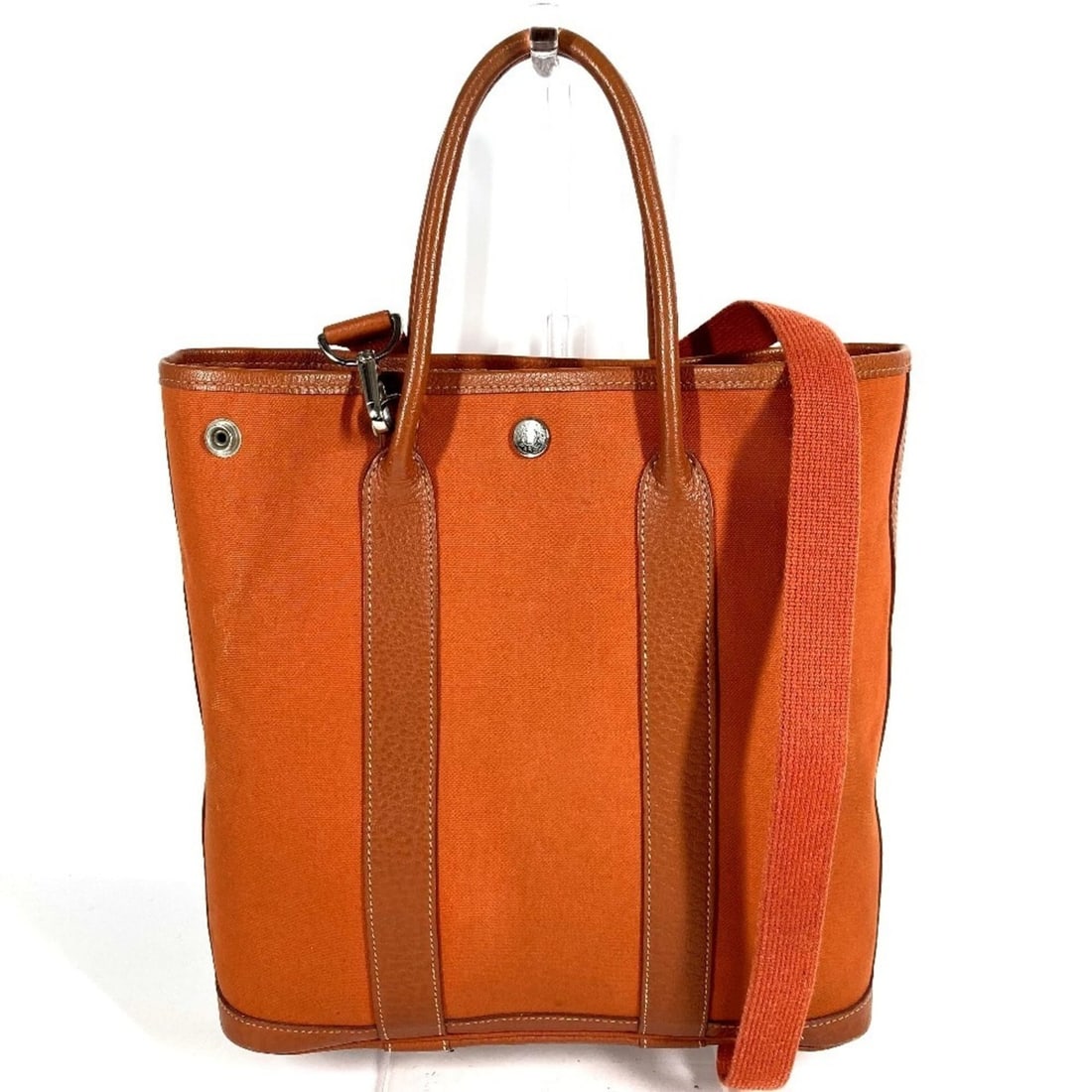 HERMES Garden File PM Tote Bag, Vertical, Handbag, 2-Way Shoulder Leather, Canvas, Women's, Orange: --- Catalog ---Category: SizeSize (HxWxD): 28.5cm x 27.5cm x 6.5cm / 11.22'' x 10.82'' x 2.55''Category: DesignType: Shoulder bag, Tote bagColor: OrangeGender: WomenMaterial: Leather , Canvas Category
