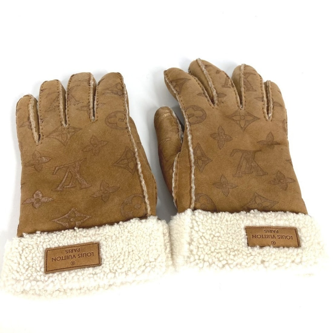 LOUIS VUITTON M76579 Monogram Gon Shearling and Mouton Gloves, Men's, Beige (1 of 20)