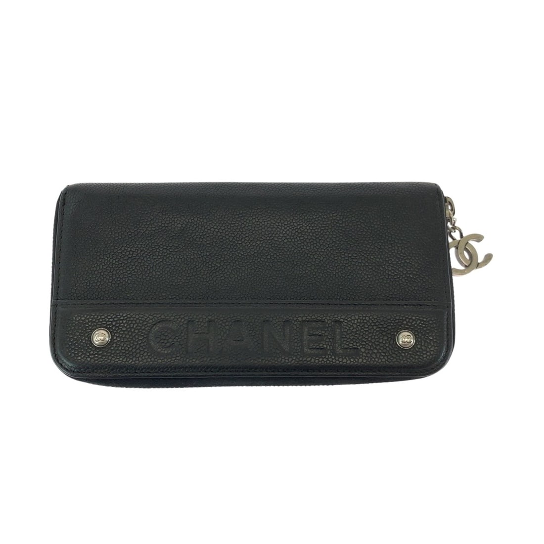 CHANEL Coco Mark Black Caviar Leather Long Wallet with Silver Hardware, Round Zipper, Women's: --- Catalog ---Category: SizeSize (HxWxD): 10cm x 19cm x 2cm / 3.93'' x 7.48'' x 0.78''Category: DesignType: Long wallet (bi-fold)Color: BlackGender: WomenMaterial: Grained Calfskin Category: GeneralB